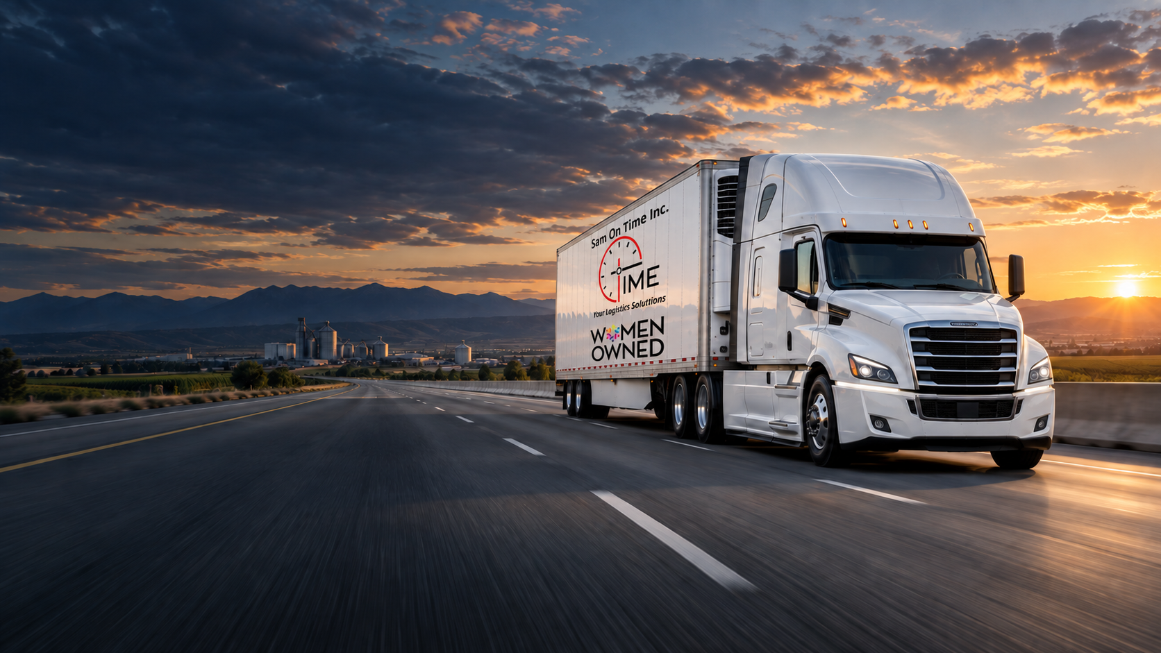 Sam On Time branded semi-truck transporting freight on a North American highway